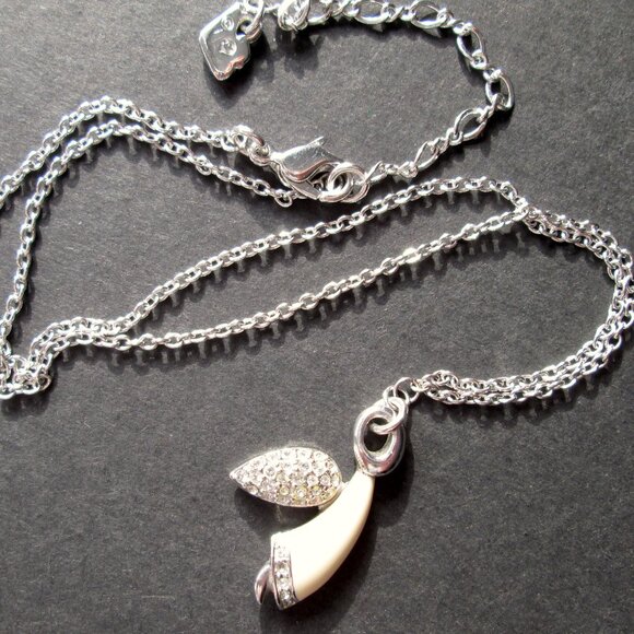✨ SWAROVSKI Swan Mark Angel Pendant Necklace Rhodium Plated Cream Enamel - Picture 12 of 13